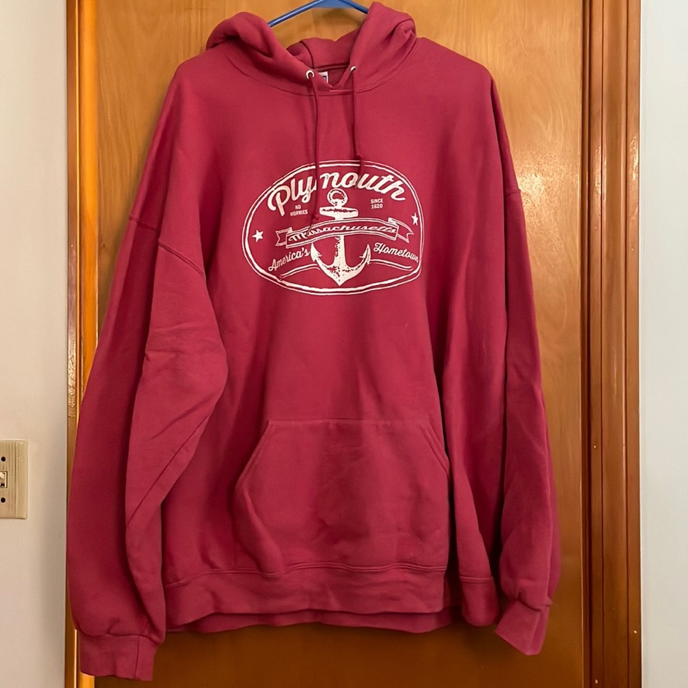 Plymouth dark ink hoodie with anchor logo and front pocket
